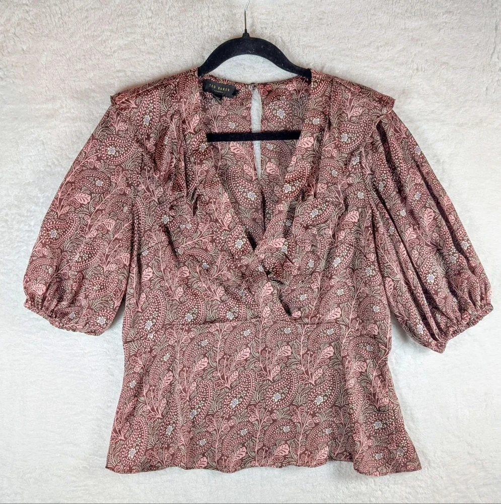 572-Ted Baker Floral V-Neck Blouse - Pink - Picture 2 of 6